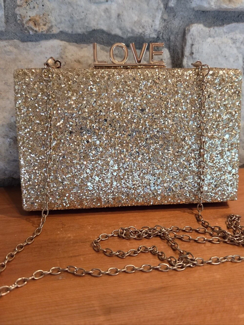 Gold Glitter LOVE Evening Clutch Bag Sparkly Bridal Purse Wedding Prom Handbag